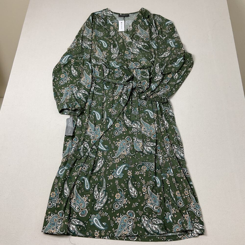 Lane Bryant Green Paisley Faux Wrap Midi Dress Long Sleeve Womens 22/24 NWT